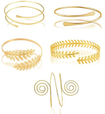 QXCFTW 5 Pcs Gold Arm Cuff, Adjustable Upper Arm Bracelet for Women, Open Cuff Bangle Set - Elegant Armlet for Daily Wear, Parties & Gifts