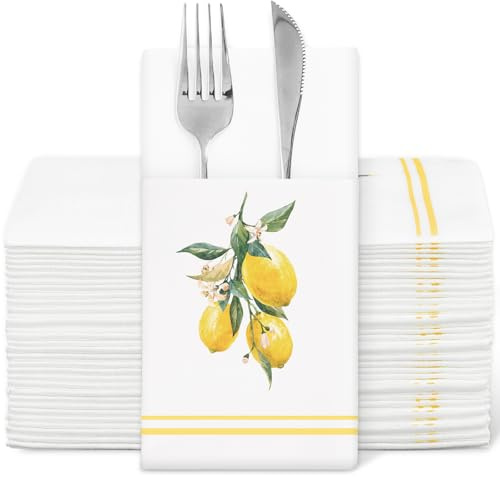 FYSUIMU 50Pcs Lemon Floral Linen Feel Napkin with Built-in Flatware Pocket Disposable Paper Napkins Folded Dinner Napkins for Summer Birthday Baby Shower Party Table Supplies