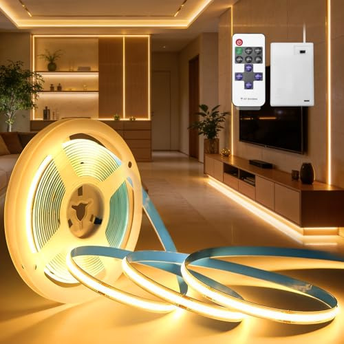 BRIMETI Striscia LED a Batteria COB 3 Metri Blanc Chaud 3000K Dimmerabile 320LEDs/M Interno Flessibile Luminosa Strisce con Telecomando Autoadesiva Nastri per Cucina Camera da Letto Armadio Scaffale