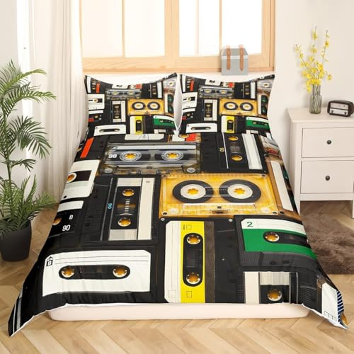 Vintage Cassette Tape Duvet Cover Double Voiceover Music Bedding Set 3D Print Soft Microfiber Quilt Covers 200x200 cm with Zipper Closure and 2 Pillowcases 50x75 cm for Adults E.3184