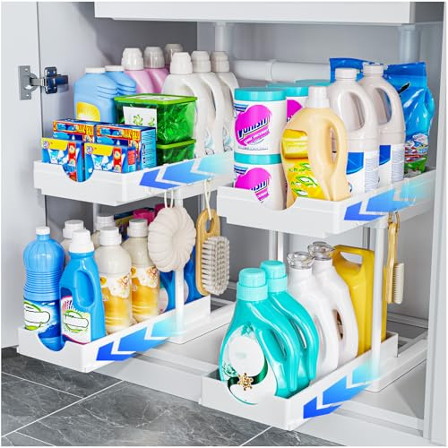 ARSTPEOE Rangement Sous Évier - 2 niveaux organisateur sous evier cuisine, Tiroir Coulissant, Rangement Et Organisation De Cuisine, Blanc, 2 Paquet