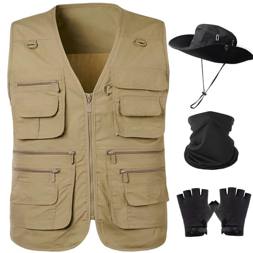 HUNTURE Mens Fishing Vest, Khaki Vest and Hat Gloves Cooling Neck Gaiter Set for Safari Hiking, Hidden Pocket Travel Vest