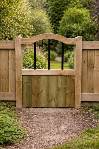 Wooden Garden Gate with Curved Top – Pressure Treated Outdoor Fence Gate with Metal Spindles (90cm Hight x 120cm Wide x 5cm Deep)