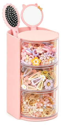 Marte Vanci Rotierender 3-stöckiger Haar-Zubehör-Organizer, transparente Schubladen mit Haarbürstenhalter, Make-up-Pinselhalter für Haarbänder, Clips, Pinsel, Armband, Ohrringe, Ring (Rosa)