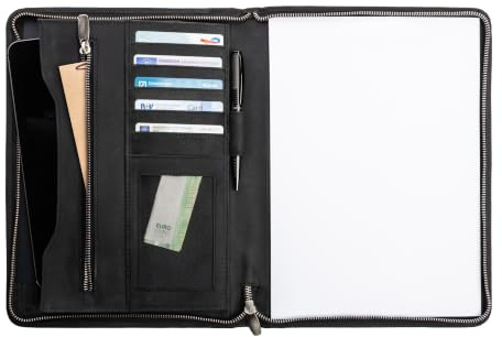 Hörner Rom Dokumentenmappe A4 Leder Schwarz, Konferenzmappe mit Reißverschluss, Schreibmappe Echtleder für Tablet und Dokumente, Business Geschenk