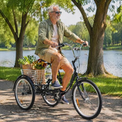 Trehjuling Vuxen 24 Tum 7 Vaxlar Cykel 3 Hjul med XL Bakkorg Lag Instegs Stal Ram for Aldre Kvinnor Man Handla Traening Fritid Daglig Anvandning Black