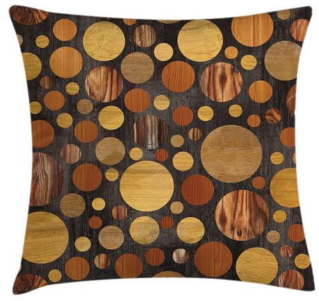 Ambesonne Wooden Throw Pillow Cushion Cover, Taupe Tones Wooden Print of Abstract Circles Pattern Timber Oak Grain Style Polka Dots Art Print, Decorative Square Accent Pillow Case, 24 X 24, Cocoa