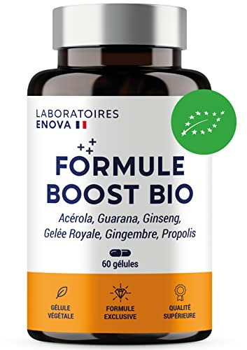 FORMULE BOOST BIO | 4G : Ginseng, Gelée royale, Guarana, Gingembre + Acérola | Complement Alimentaire Anti-Fatigue | Immunité et Energie | Fabriqué en France