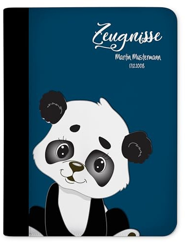 CreaDesign Zeugnismappe A4 mit Namen personalisiert – Panda Bär Blau – für Jungen – Dokumentenmappe Schule ohne Klarsichthüllen