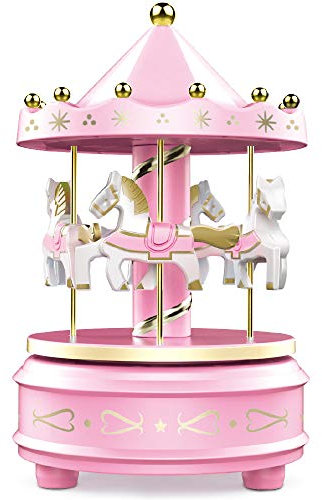 WEofferwhatYOUwant Caja de Música Carrusel Rosa con Caballos Giratorios – Luces LED Tricolor – Melodía Für Elise de Beethoven – Regalo para Niñas, Bebés, Bodas, Cumpleaños y Decoración de Pasteles