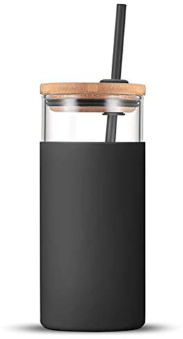 Yumira Vaso de cristal con pajita y tapa, botella de agua de cristal transparente de 500 ml, ideal para café helado, agua, batidos