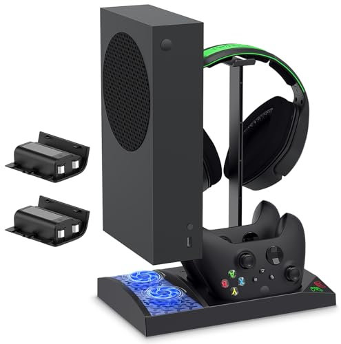 FYOUNG Vertical Charging Cooling Stand Compatible with Xbox Series S Accessories with Rechargeable Battery, Charging Station with Cooling Fan System + 2x1400mAh Batteries + Headset Holder - Black