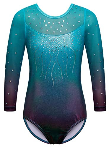 ZNYUNE Kinder Gymnastik Trikot mit Pailletten Mädchen Gymnastikanzug 3/4 Hülse in Tüll B285 Aqua 10A
