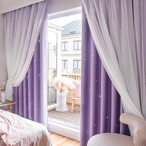 Loyala Sternen-Vorhänge, doppellagige Vorhänge, Verdunkelungsvorhänge für Schlafzimmer, Kindervorhänge, niedliche Vorhänge, Kinder, Verdunkelungsvorhänge, Vorhänge 213 cm lang, 2 Paneele, violette