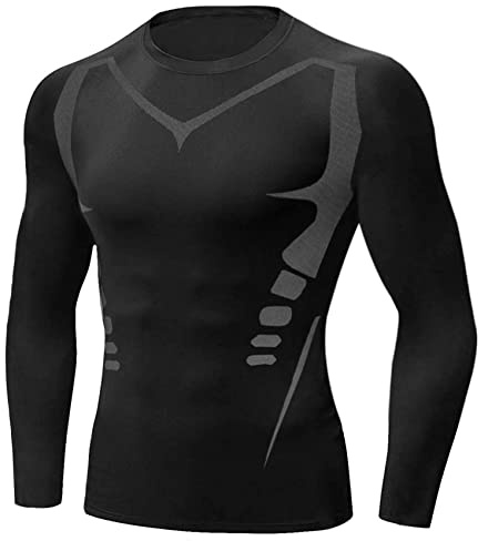 Terecey Camiseta de Compresión de Manga Larga para Hombre, Camiseta Deportiva de Hombre Transpirable, Ropa Running Hombres Camisa de Compresión Cuello Redondo M-3XL