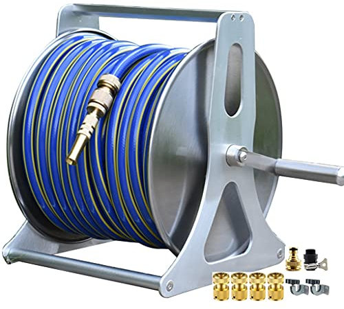 Samnuerly Gartenschlauch-Rollwagen, Haushalts-Edelstahl-Autowaschwasser-Rohr-LKW, Garten-Bewässerungsrohr-Lagerregal, Kupfer-Wasserpistole + Wasserrohr (Color : Silver, Size : +DN15 25m Pipe)