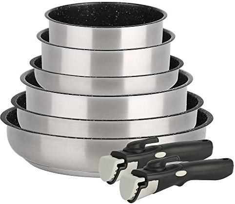 KAMBERG Set pentole 6 pezzi, Acciaio inossidabile, Rivestimento in Pietra, Tutti i fuochi tra cui induzione, Manico rimovibile, Senza PFOA, Grigio