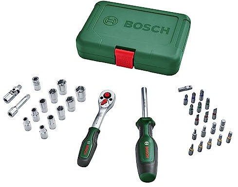 Bosch Set da 34 pezzi di cricchetti/bussole da 1/4, set di bussole versatile, di alta qualità per molteplici progetti di fai-da-te, ergonomiche, impugnatura SoftGrip, portabit magnetico