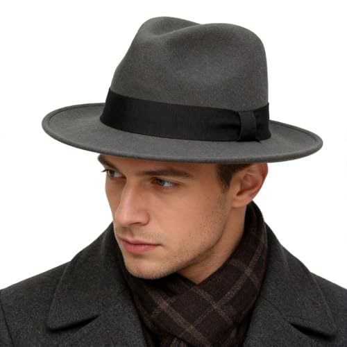 Ruphedy Fedora Cappelli per Uomo Donna Lana Tesa Larga Feltro Panama Fedora Hat, Grigio, L
