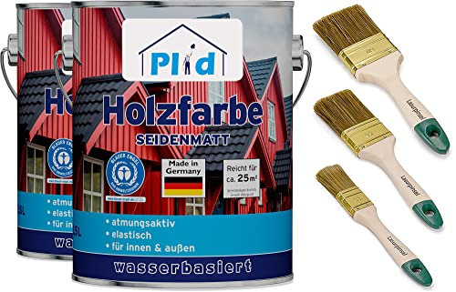 Plid® Holzfarbe Holzlack Moosgrün Innen & Außen - Wetterschutzfarbe Moosgrün Holzfarbe Außen - Dauerhafte Holzschutzfarbe - Farbe für Holz - Lackfarbe Wetterfest - Made in Germany 5l Set