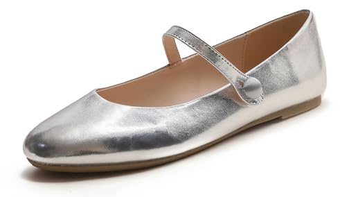 Feversole Women's Mary Jane Fashion，Scarpe Basse Classiche da Donna Décolleté Eleganti Mary Jane con Fibbia Morbida Scarpe da Ballo per Balletto per Donna Luce Argento 37