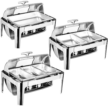 Chafing Dish Buffet-Set, 9 l, Lebensmittelisolierung, Geschirr mit sichtbarem Rolldeckel, rechteckiges Set mit Essenstablett, Wassertablett und Kraftstoffregal für Restaurants/Partys/Hotels, 3IN1