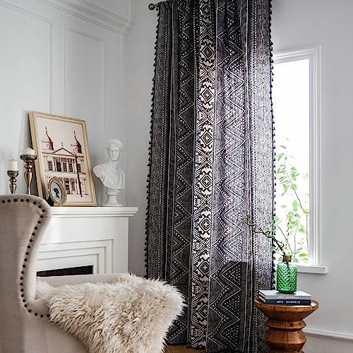 Epinki Gardine Blickdicht Fenster Häkchen 150x180cm(BxH), Böhmischer Stil mit Quaste Schwarz Vorhang Muster Lang aus Baumwolle Leinen, Gardinen Schals für Wohnzimmer Schlafzimmer Kinderzimmer