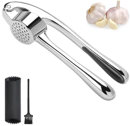 Oumuik Knoblauchpresse, Wird mit Schäler und Bürste geliefert,Küchenwerkzeug, silberfarben, mit Griff, effizientes Werkzeug zur Herstellung von Knoblauchsauce