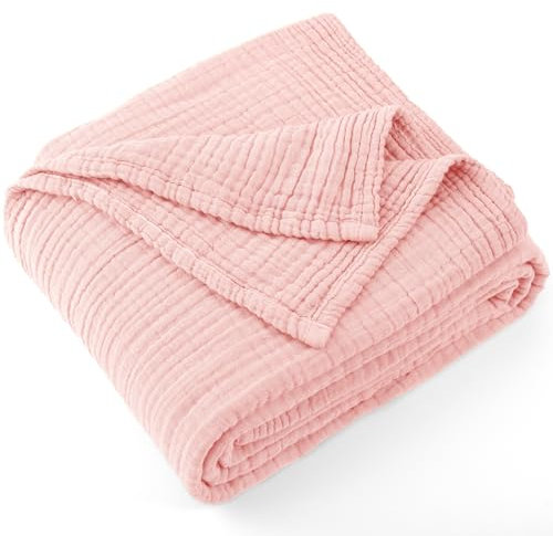 Carriediosa 100% Cotton Muslin Throw Blanket 50 X 70 Throw XL Size，4-Layers Summer Gauze Throws for Bed Couch，Soft Lightweight Breathable Linen Blankets Bedspread for Adults All Season，Dusty Pink