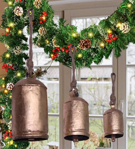 3er Set Kuhglocken Groß Handgemacht Vintage Rustikal Deko Weihnachten Hängend An Juteseil Antik Gold Mit Holzklöppel