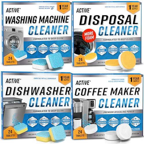 ACTIVE Washer Dishwasher Disposal & Coffee Cleaner Tablets - 96 Tabs Includes Washing Machine Cleaner, Dishwasher, Disposer, Coffee Maker Descale Tabs - Deep Clean & Refresh Appliance - 1 Year Supply