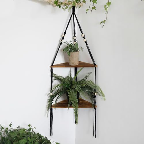 Makramee Eckregal zum Aufhängen an der Wand, Schwebende Eckregale mit 2 Etagen Boho Wanddekoration, Rustikales Pflanzenregal aus Holz für Schlafzimmer, Wohnzimmer, Badezimmer (Schwarz)