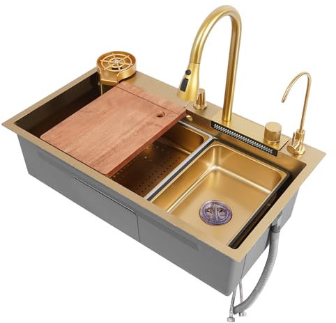 Fregadero de acero inoxidable con escurridor, tabla de cortar y lavadora de tazas, 80 cm, grande, rectangular, para cocinas, restaurantes, hoteles (dorado)