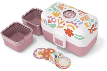MONBENTO - Lunch Box Enfant Tresor graphic Papercut - La Boite Repas 3 Compartiments pour Enfant - Idéal pour Repas et Goûter Ecole/Pique-nique - Sans BPA - Personnalisable et Sûre - Rose Motif Floral