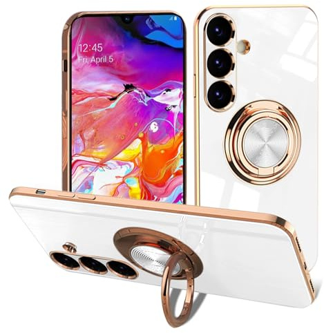EYZUTAK Electroplated Magnetic Ring Holder Case for Samsung Galaxy A36 5G, 360 Degree with Rotation Metal Anti-fall Finger Ring Holder Magnet Car Holder Slim Soft Silicone Shockproof Cover - White