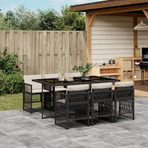 IKAYAA Gartenmöbel Set Rattan 6 Personen Garten sitzgruppe 6 Personen Gartentisch Set mit 6 stühlen Gartengarnitur Sitzgarnitur Essgruppe mit Kissen-Schwarz und Creme-7-tlg