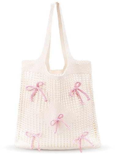 CharmBurst Häkeltasche Mit Rosa Schleife, Geräumige Strandtasche Aus Polyester Für Sommer, Geflochtene Tasche Im Boho Style Ideal Für Verschiedene Gelegenheiten
