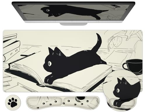 Ovenbird Mouse Pad Set 4-in-1 | Large Gaming Mousepad, Keyboard Wrist Rest, Mouse Wrist Support, Coaster | Ergonomic Office Desk Mat Accessories for Women Men | 4PCS, 35.4 x 15.7in, Black Cat