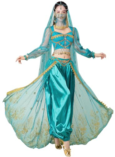 yrsZX Jasmin-Kostüm für Damen, arabische Prinzessin, Feen-Outfit, Halloween, Cosplay, Bauchtanz-Kostüm | Geburtstagsparty Dress Up Cosplay 4-teiliges Outfit Bauchtanz-Kostüm