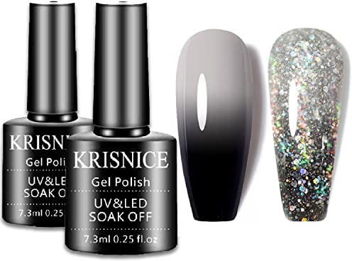 KRISNICE Color Changing Gel Nail Polish Gift Set White Black Glitter Mood Chameleon Soak Off UV LED Thermal Temperature Art Manicure Kit Varnish(White Black-WB2-003)