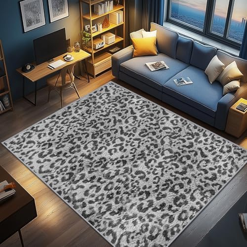 AevuCub Leopardenmuster Deko, Tiermuster Teppich 120x160 Kurzflor, Teppich Wohnzimmer Grau Modern, Weich rutschfest Waschbare Teppiche, Bettvorleger Schlafzimmer Kinderzimmer