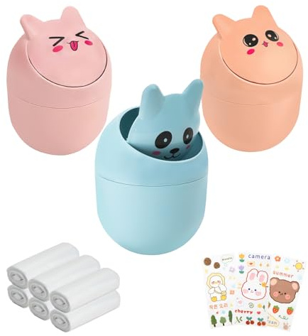 Jiayaus 3 Pièces Mini Poubelle de Table avec Couvercle, Petite Poubelle de Bureau avec 180 Sac Poubelles 3 Autocollants, Plastique poubelle bureau Enfant pour Maison Chambre Bureau(Cartoon)