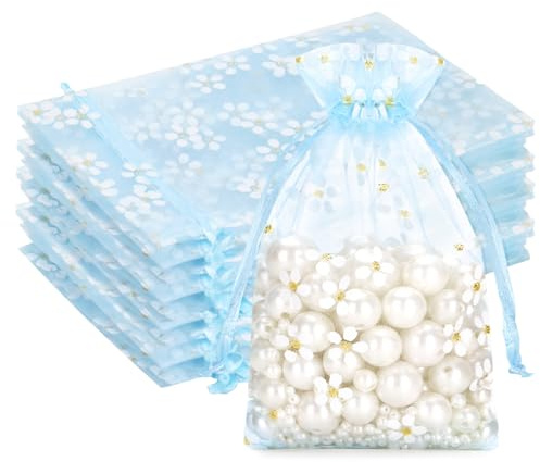 G2PLUS 10x15cm Babyblau Organzasäckchen mit Gänseblümchen-Muster: 30 Stück | Geschenkbeutel mit Kordelzug, Medium Organzabeutel für Hochzeitsgeschenke, Schmuck, Parfüm, Mitbringsel