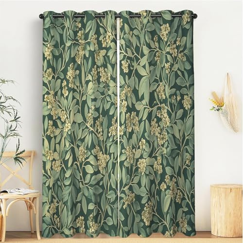 Sage Green Flowers And Green Leaves Curtains For Living Room,William Morris Plant Blackout Thermal Insulated Bedroom Curtain 3D Print Patterned Eyelet,W 46 X L 54,2 Panels Drapes Home Decorations