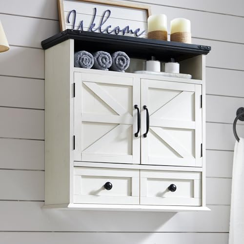 AetherWood Badezimmer-Wandschrank, Landhausstil, 24 Zoll breit, mit Schublade, verstellbarem Regal, doppelten Flügeltüren, Aufbewahrungsschränke für Badezimmer, Küche, Wohnzimmer, cremefarben