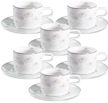 fanquare Tasse à Thé Florale en Argent et Soucoupe Ensemble de 6 élégantes Tasses à Café Britanniques en porcelaine Cadeau pour le thé de l’après-midi 220ml