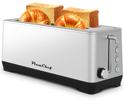 4-Slice Extra Wide Long Slot Toaster (Silver, 1500W) - Stainless Steel, Removable Crumb Tray, 6 Browning Settings & Bagel/Defrost/Reheat Functions