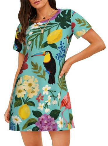 Zelinge Ros Blommig Blad Fåglar Blågrön Dam Nattklänning Lös Nattskjorta Kortärmad Nattskjortor Bekväm Loungewear Medium