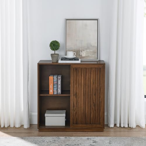 Ball & Cast 32 Mid Century Sideboard Cabinet with 2 Sliding Doors & Solid Wood Decorative Strips, Vintage Storage Cabinet with Outlet Hole for Living Room, Kitchen, Dining, Entryway, Hallway,Walnut