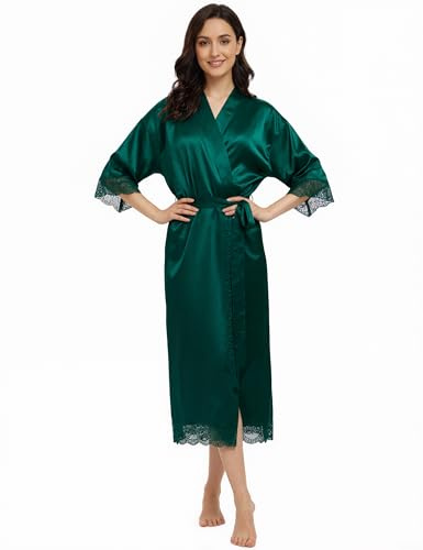 Long Satin Robes for Women Ankle Length Kimono Robes Silky Bridal Party Robes with Lace Trim Bridesmaid Loungewear Sleepwear Emerald Green